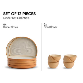 Set of 12 ceramic dinnerware pieces including 6 dinner plates and 6 small bowls on a white background.