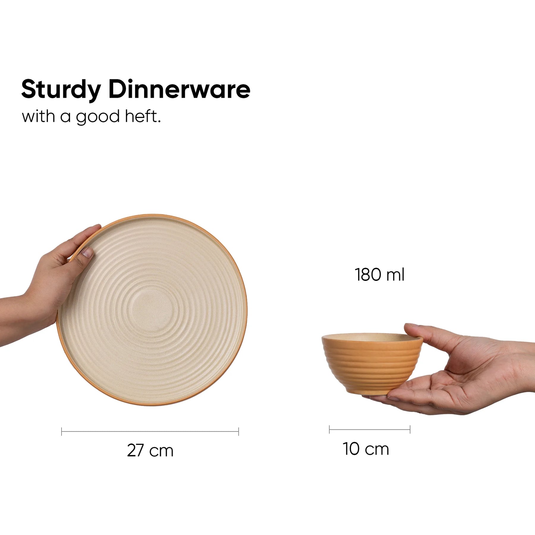 Ceramic plate and bowl held by hands with measurements on a white background