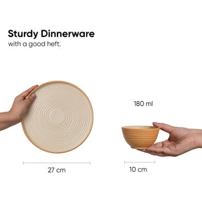 Ceramic plate and bowl held by hands with measurements on a white background