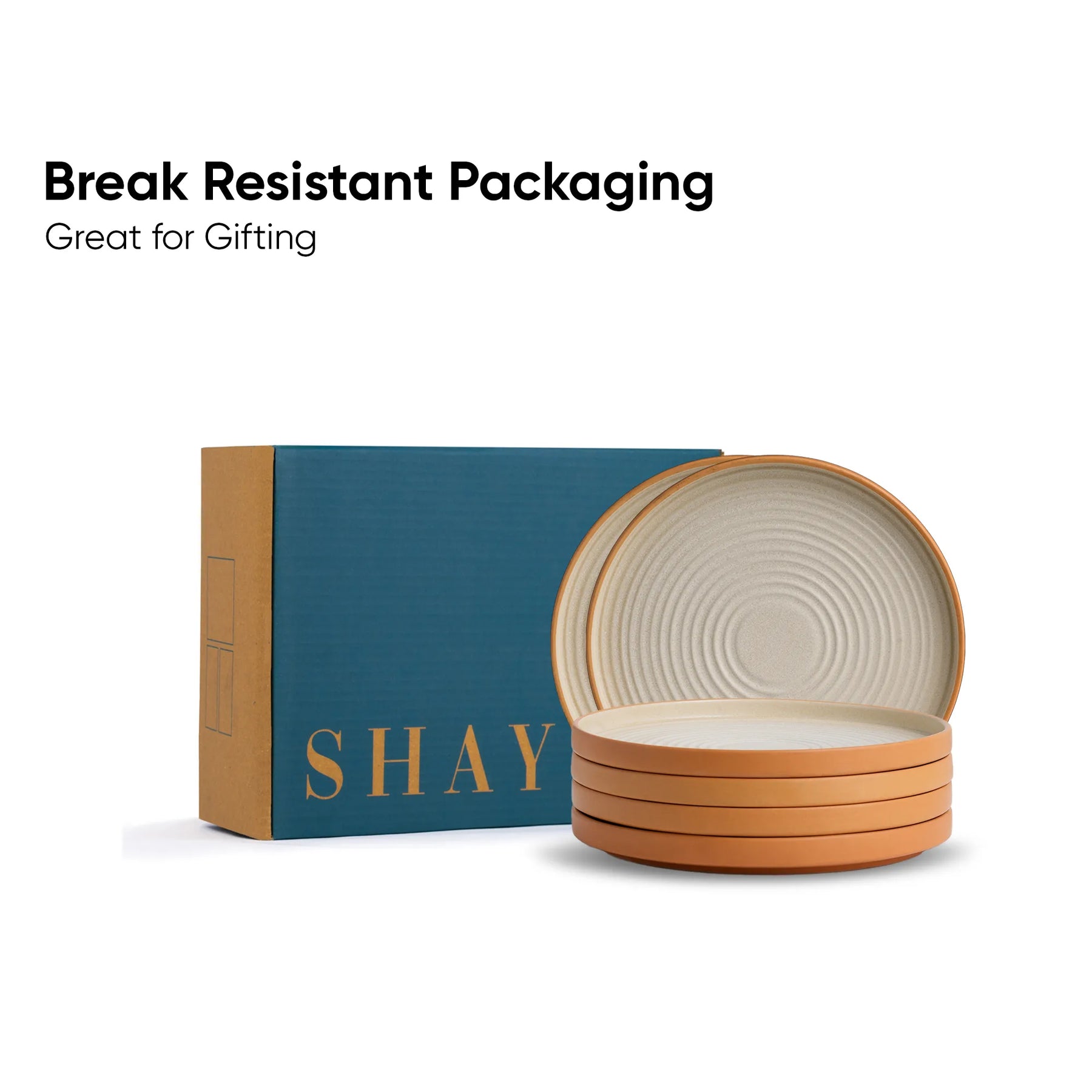 Ceramic bowls with 'SHAY' branding on a break-resistant packaging box.
