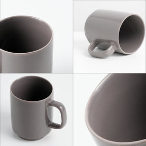 Gray mug shown from multiple angles on a white background