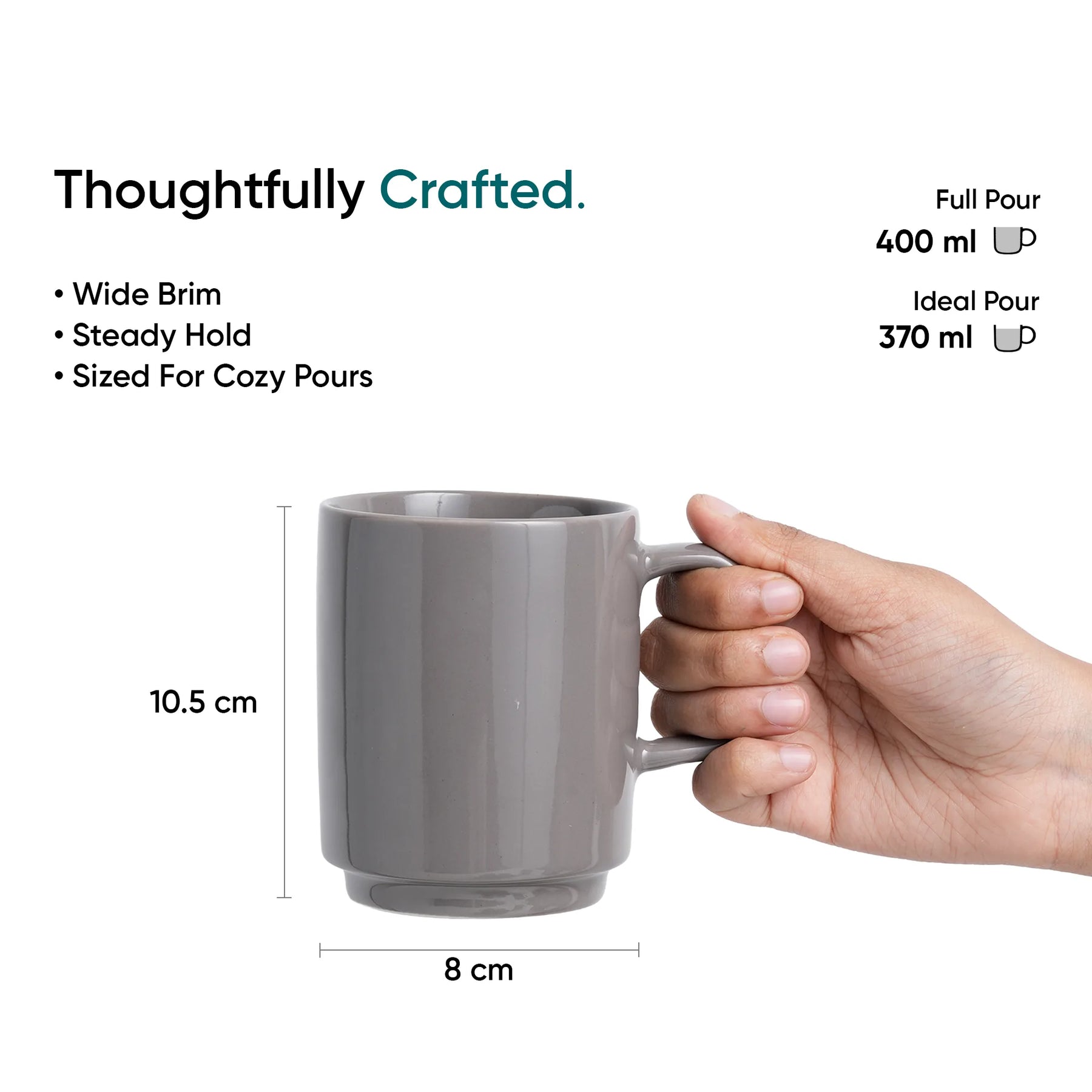 Gray mug held by a hand with measurements and text on a white background