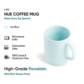 Ice blue coffee mug with product details on a white background