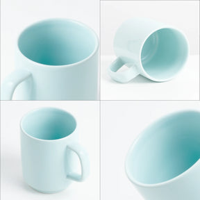 Collage of a light blue ceramic mug from different angles on a white background