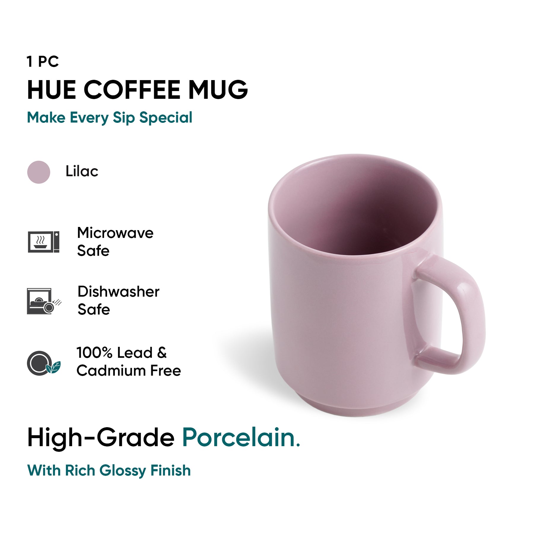Lilac coffee mug with product details on a white background