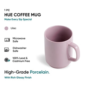 Lilac coffee mug with product details on a white background