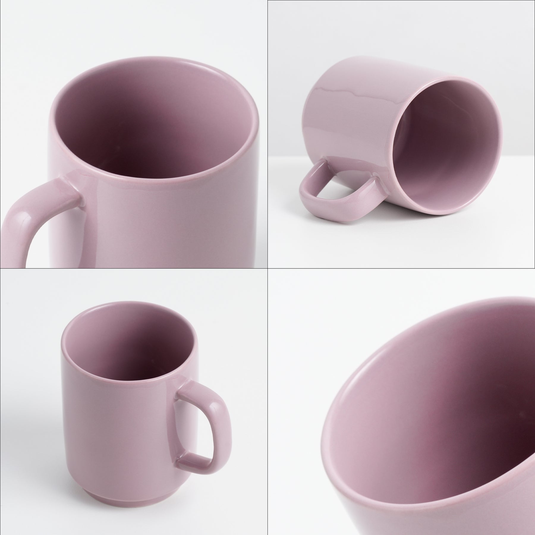 Collage of a pink mug from different angles on a white background