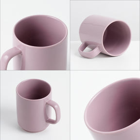 Collage of a pink mug from different angles on a white background