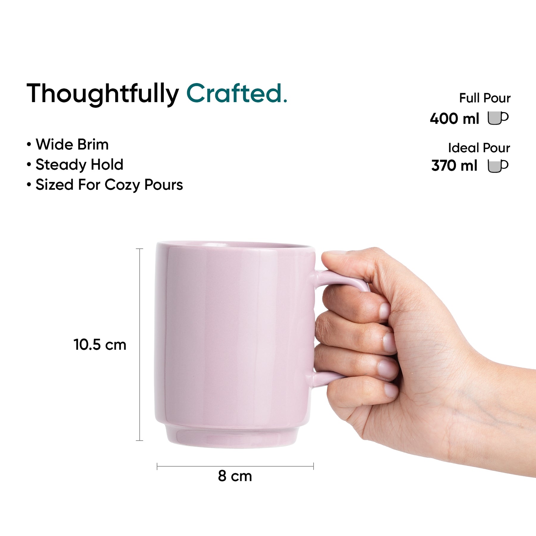 Pink mug held by a hand with measurements and text on a white background