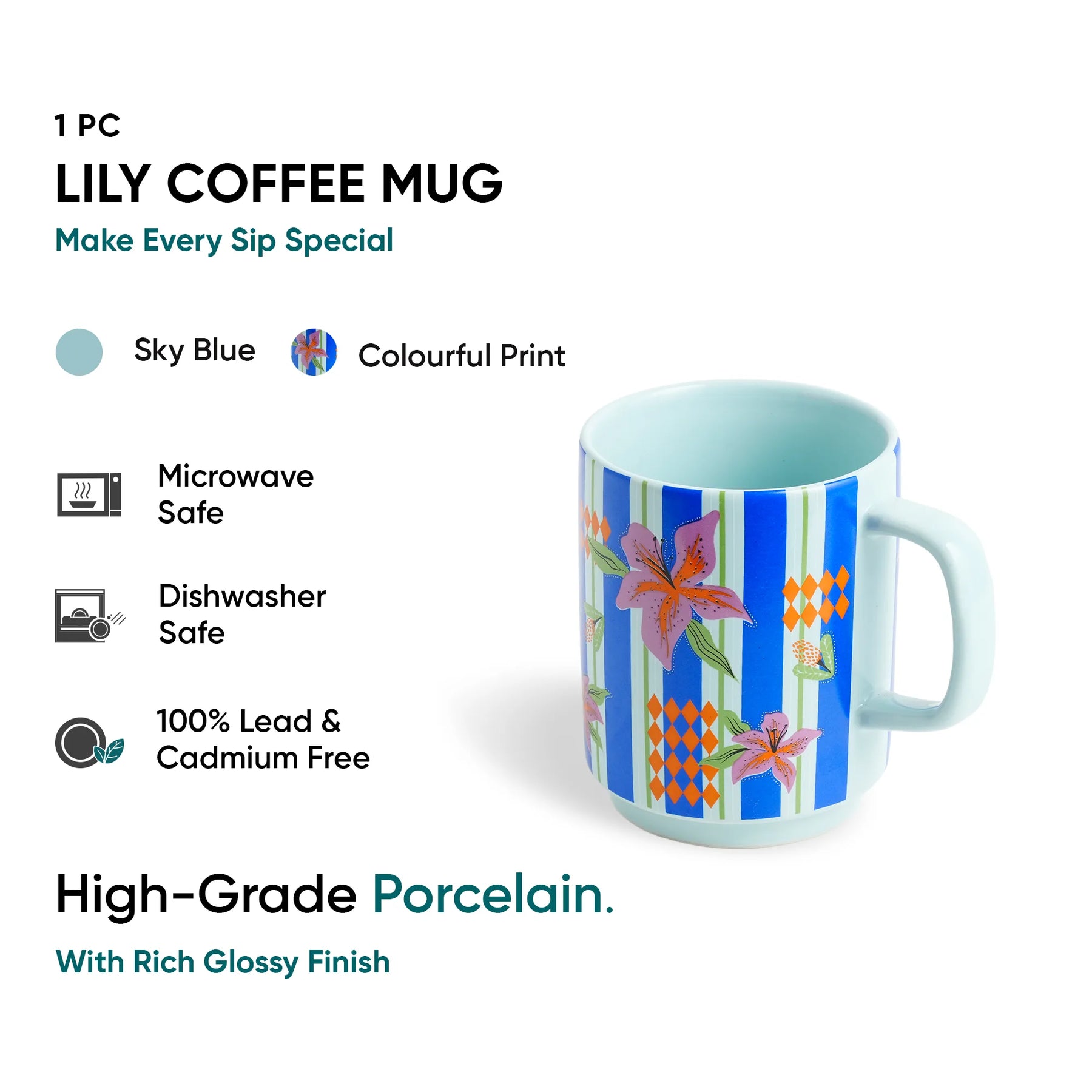 Lily coffee mug with colorful design on a white background