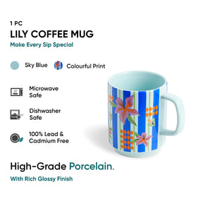 Lily coffee mug with colorful design on a white background