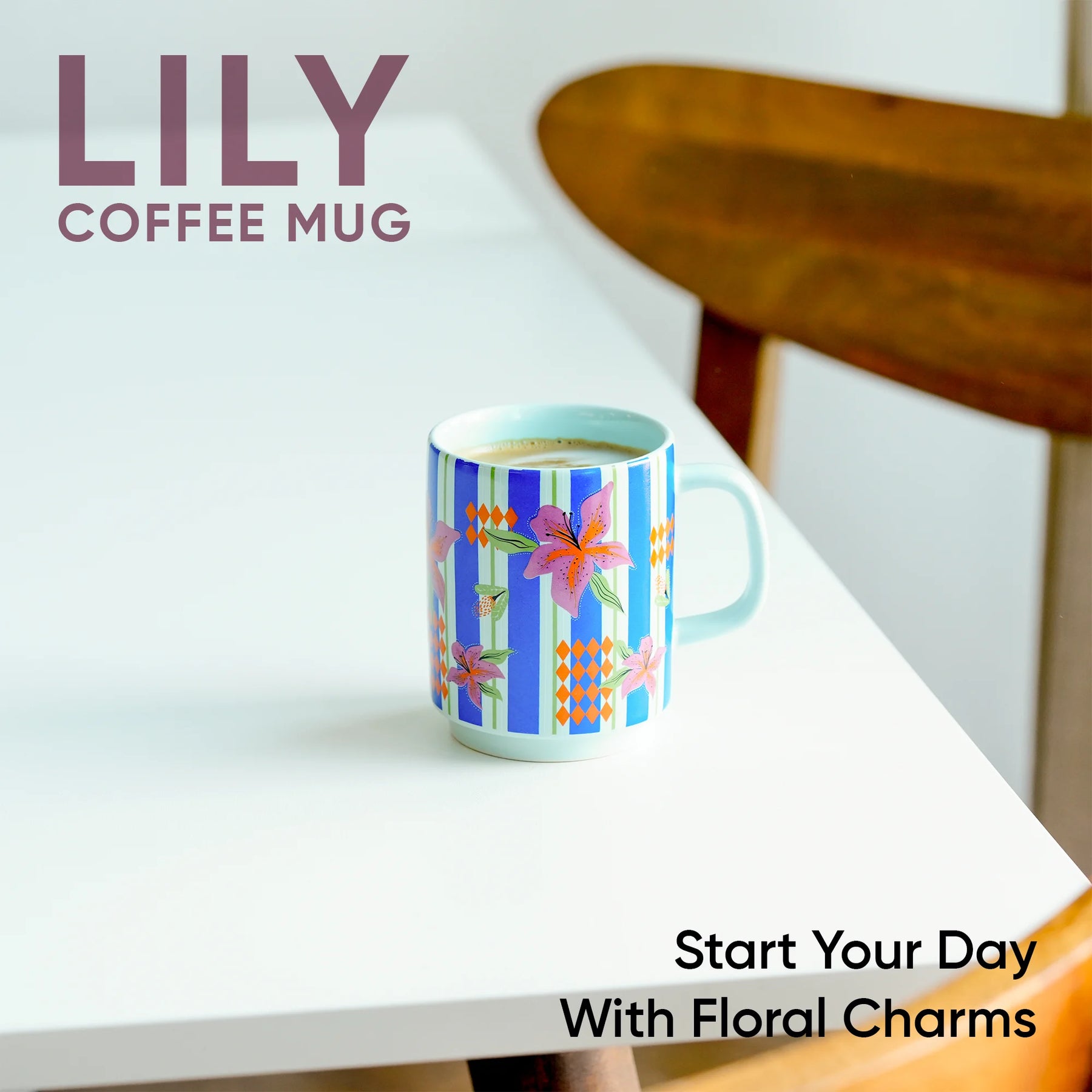 Colorful coffee mug with floral design on a white surface, featuring the brand 'LILY'.