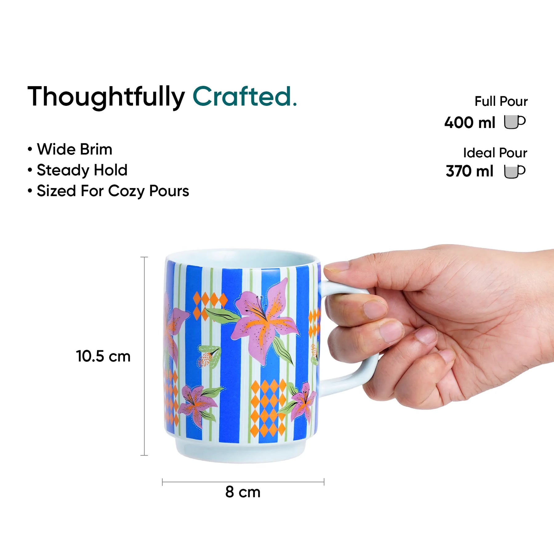 Mug with floral design held by a hand, surrounded by product details and measurements.