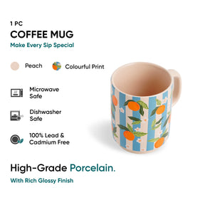 Coffee mug with colorful design on a white background