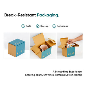 SHAY break-resistant packaging with a blue box, open cardboard box, and a hand placing items inside.