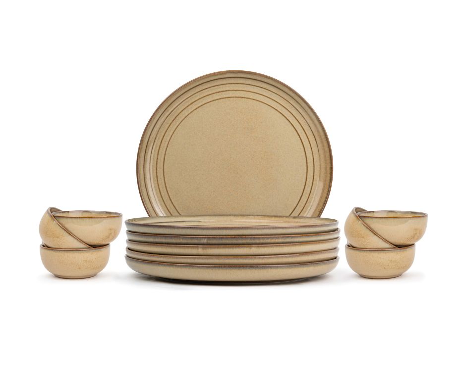Ceramic Dinner Plates Set, 12 Pieces | Self Reactive Collection | Glossy Finish Beige