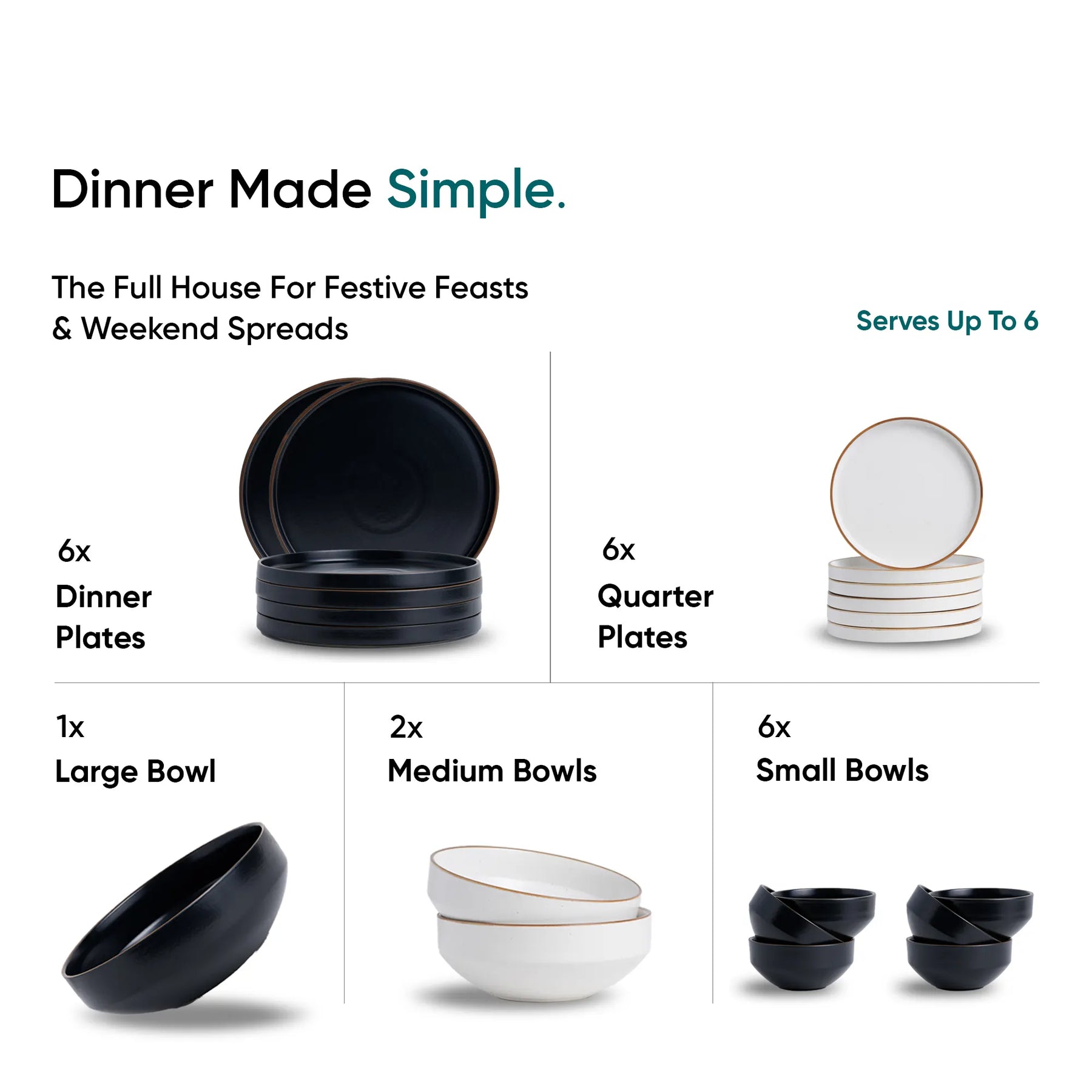 Dishware set with dinner plates, quarter plates, a large bowl, medium bowls, and small bowls on a white background.