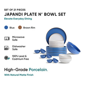 Set of 21-piece Japandi plate and bowl set with blue and brown rim on a white background.