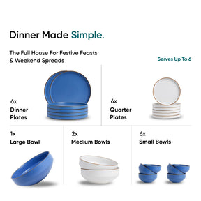 Dinnerware set with blue and white plates and bowls on a white background.