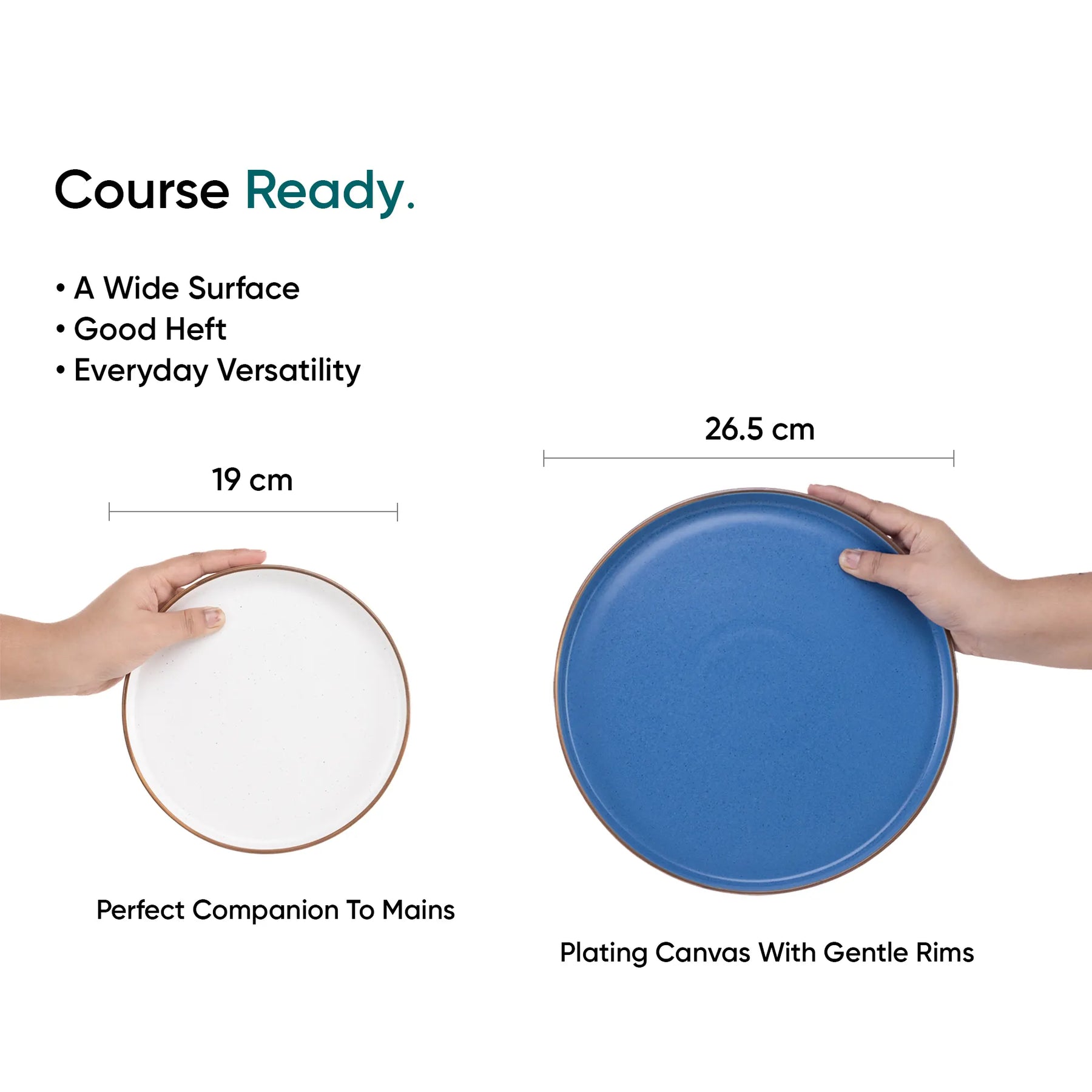 Two plates, one white and one blue, held by hands with measurements and text about their features.