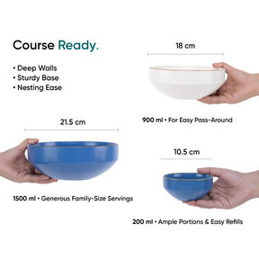 Three bowls of different colors held by hands with measurements and text on a white background.