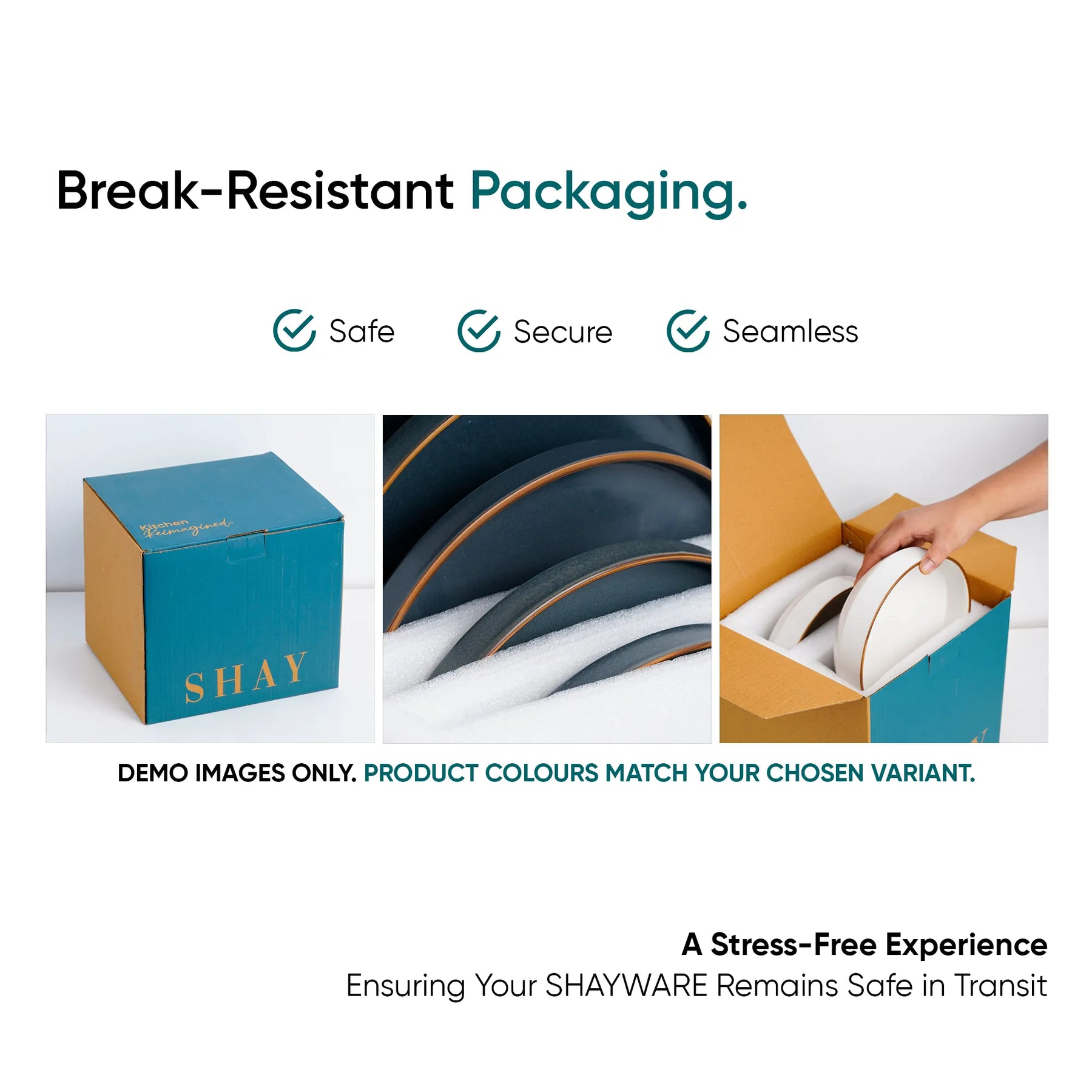 Advertisement for break-resistant packaging with SHAY branding, showing a blue box and a hand opening a cardboard box.