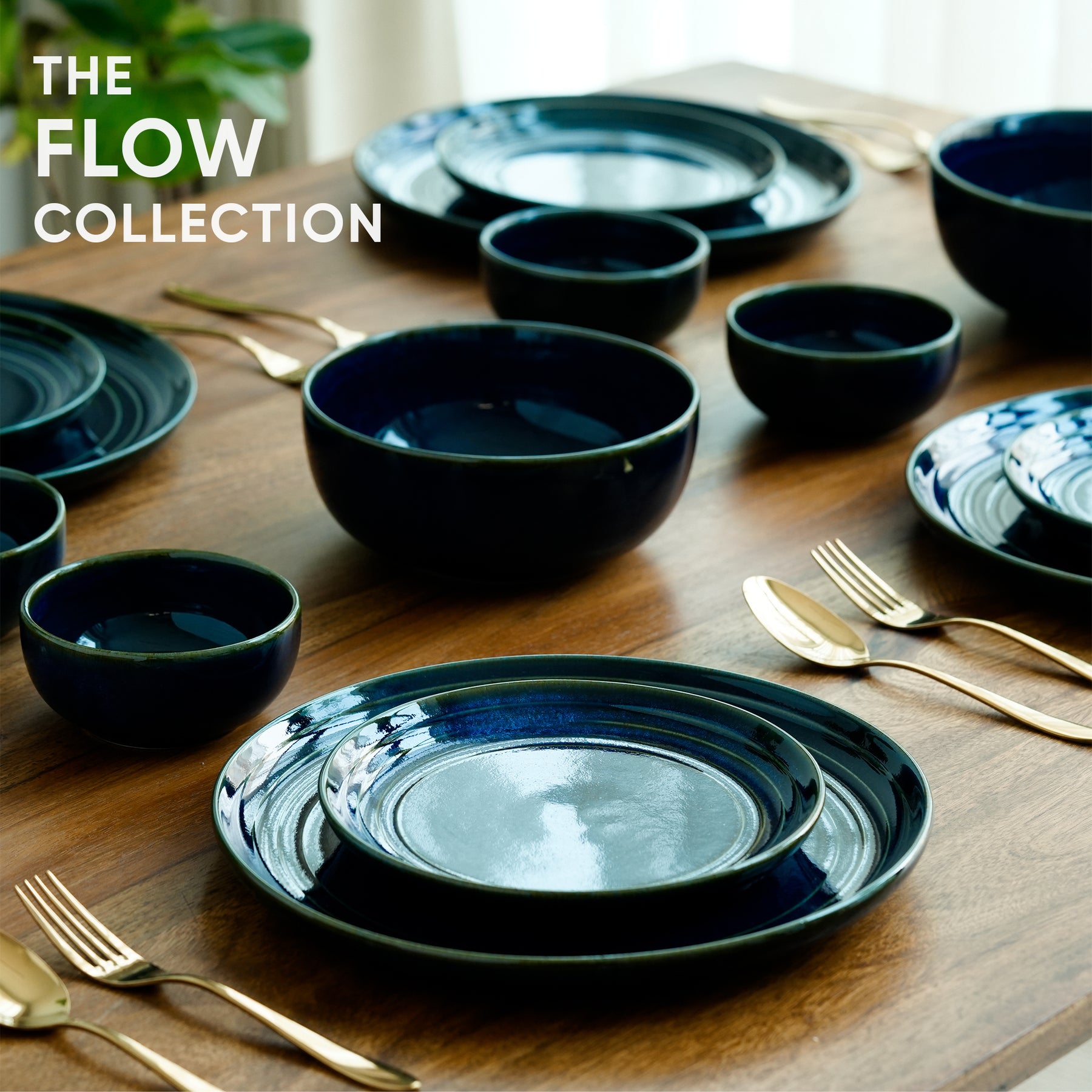 Ceramic Dinner Plates Set, 21 Pieces | Blue Self Reactive Collection
