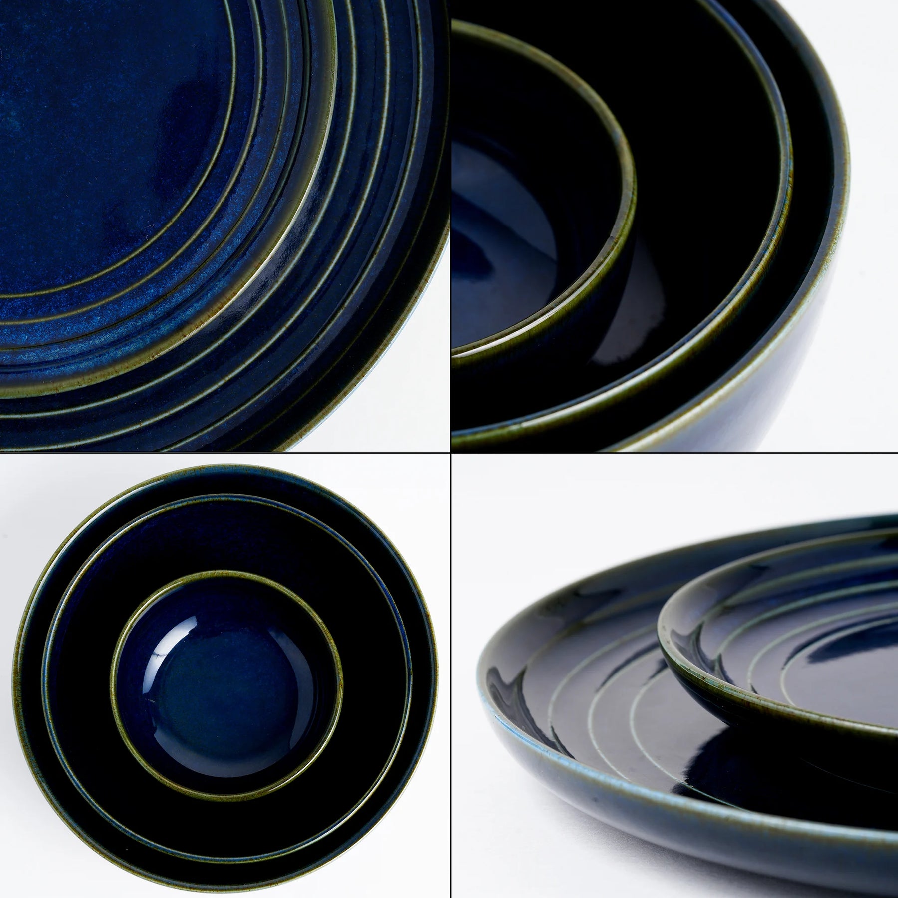Set of blue ceramic plates and bowls with a glossy finish.