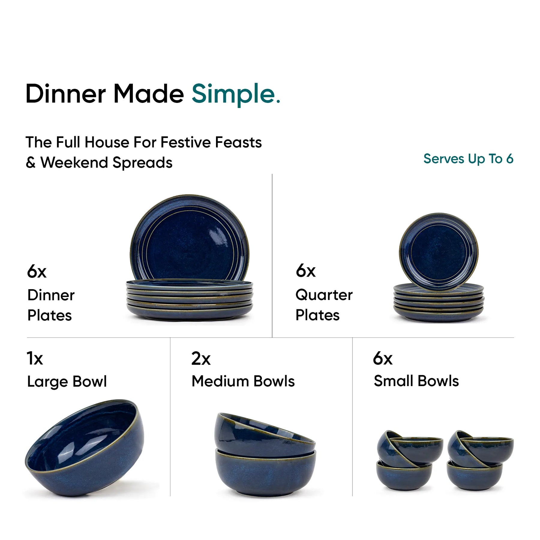 Set of blue ceramic dinnerware with serving information on a white background