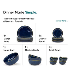 Set of blue ceramic dinnerware with serving information on a white background