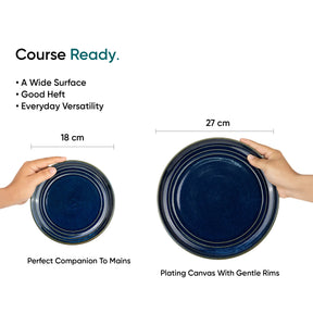 Navy blue plate held by a hand with measurements and text on a white background