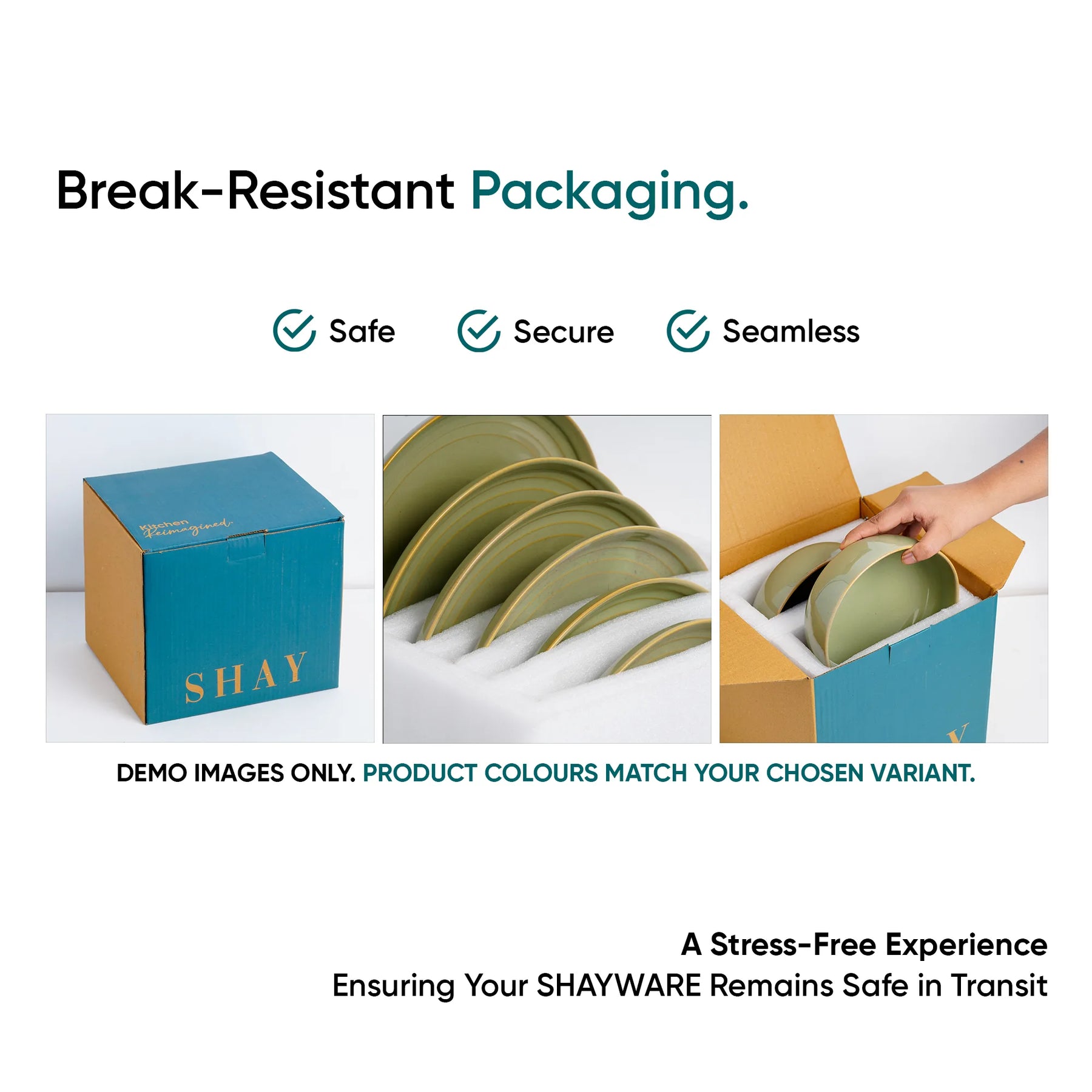 Advertisement for SHAY break-resistant packaging with images of products and text highlighting safety and security.