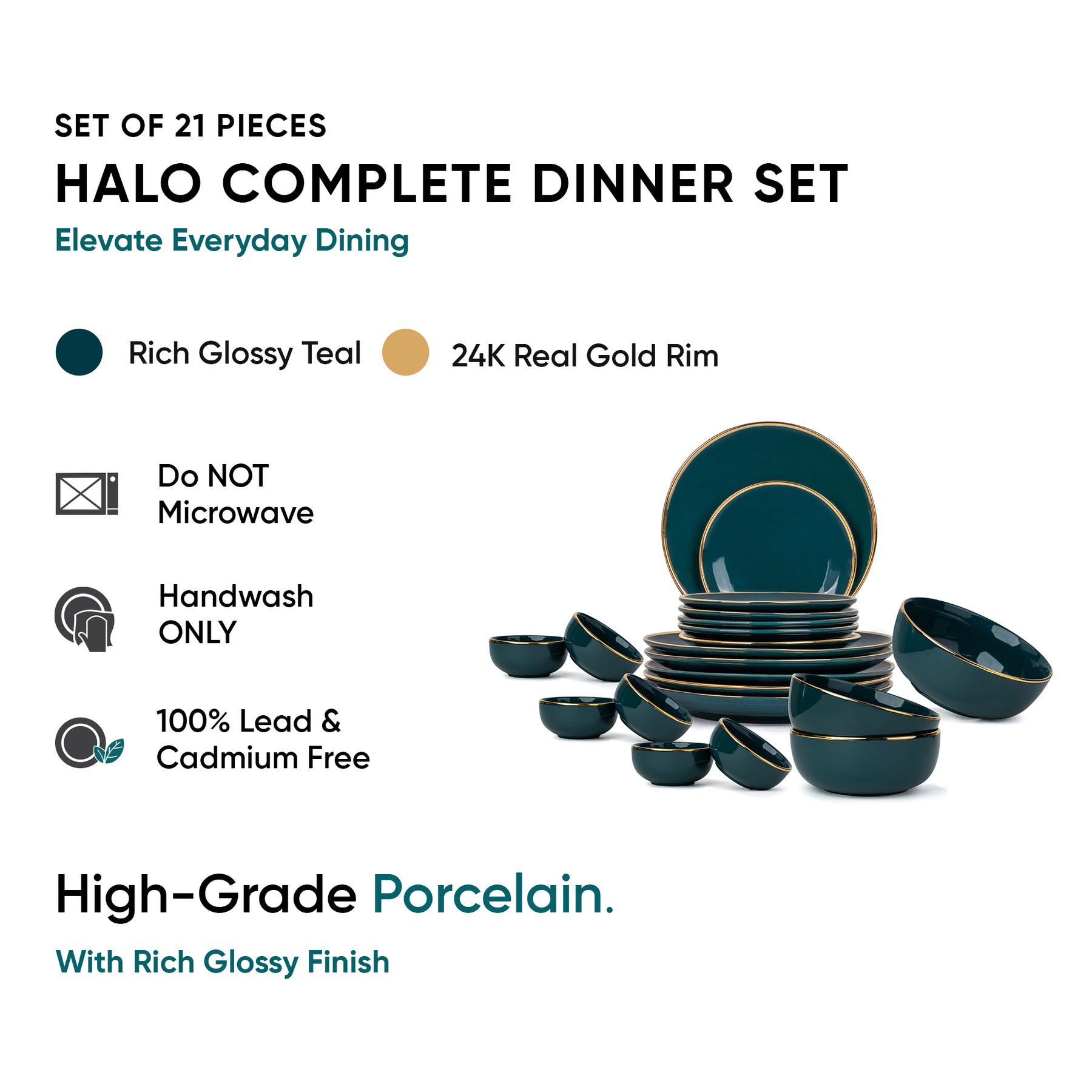 Ceramic Dinner Plates Set, 21 Pieces, Goldline Collection