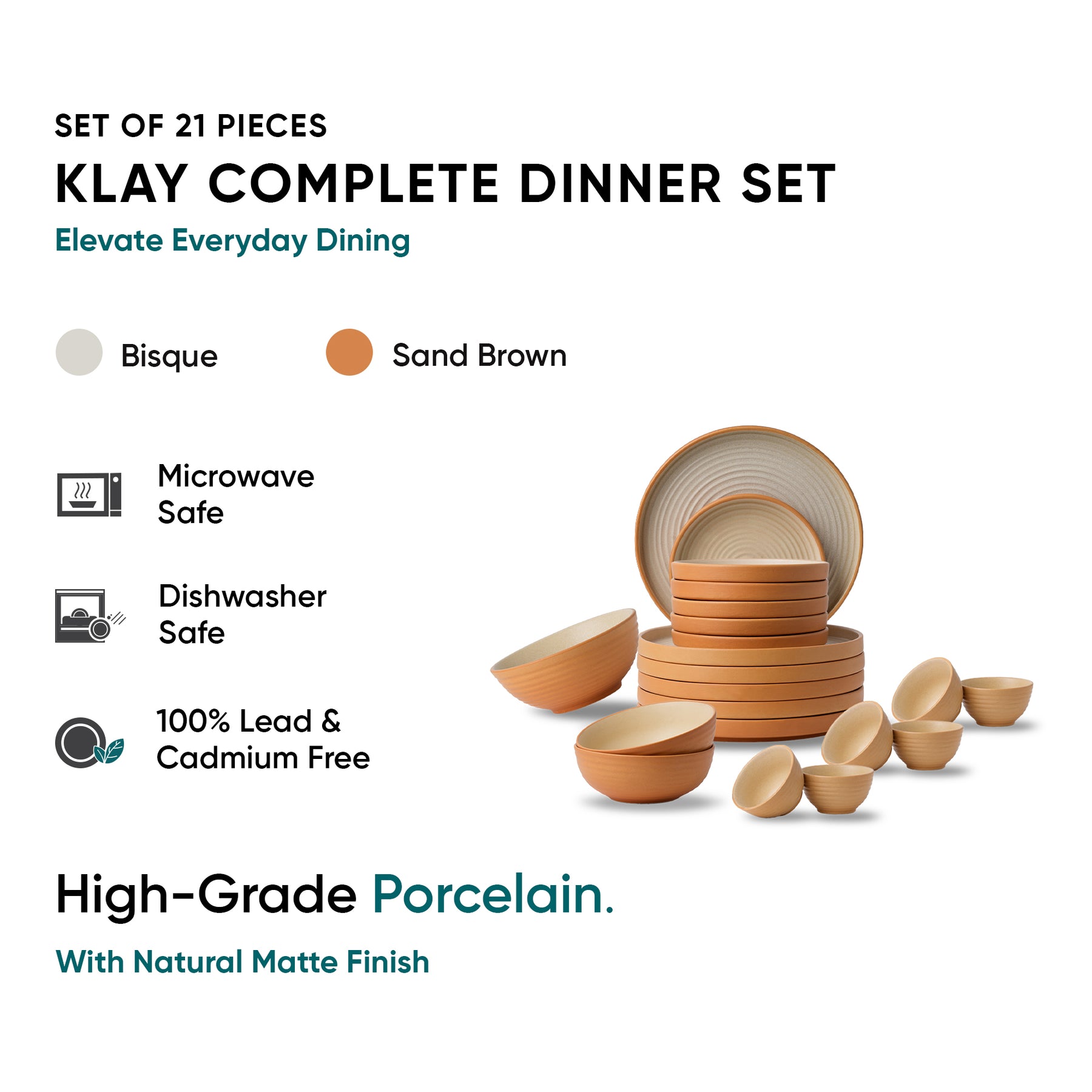 Ceramic Modern Dinner Set 21 Pcs | Klay Collection | Stoneware | Matte Finish