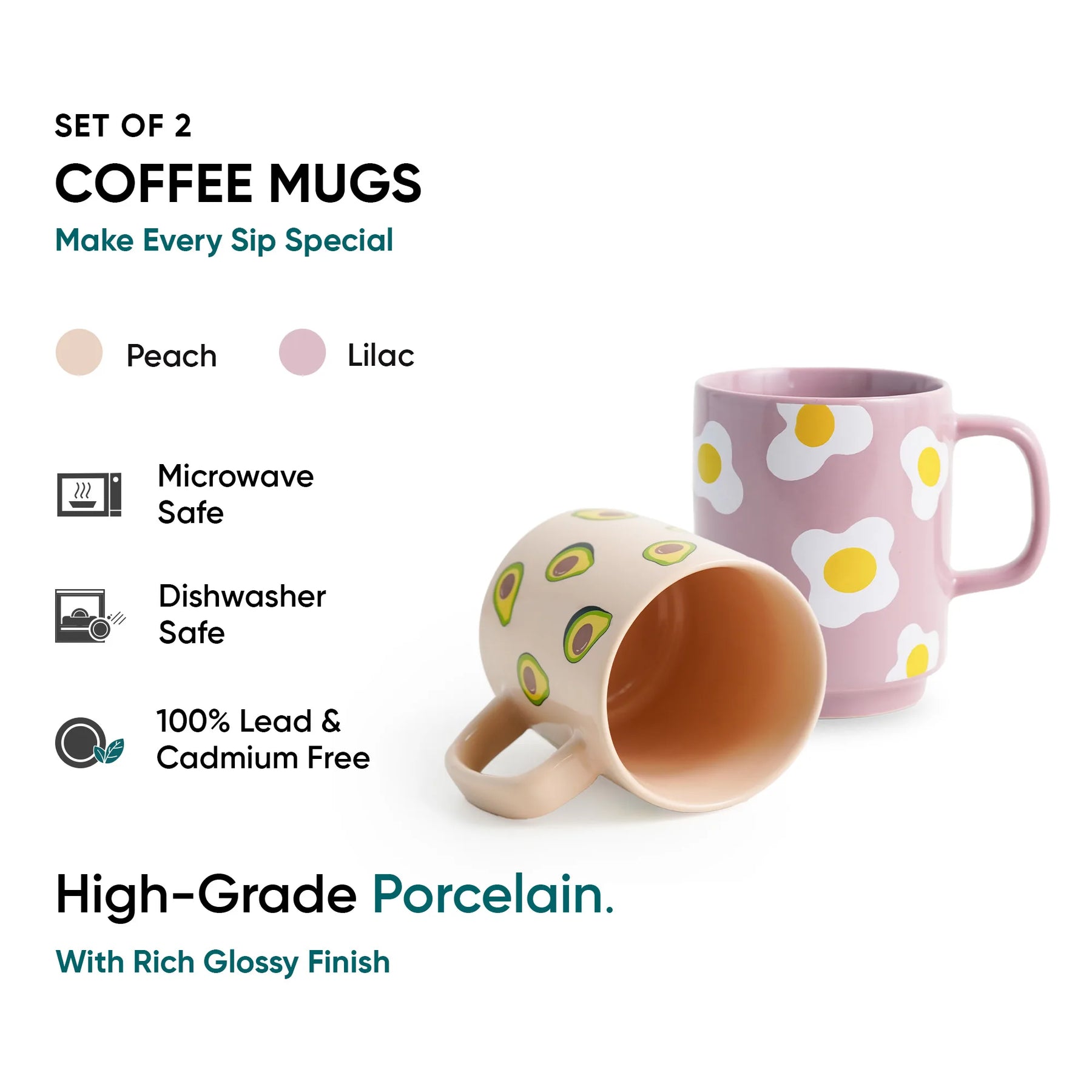 Ceramic Mug Set of 2 – Egg & Avocado | 300ml | Glossy Finish | Porcelain
