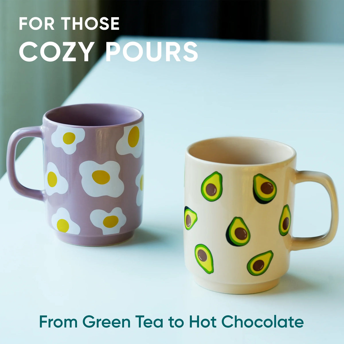 Ceramic Mug Set of 2 – Egg & Avocado | 300ml | Glossy Finish | Porcelain