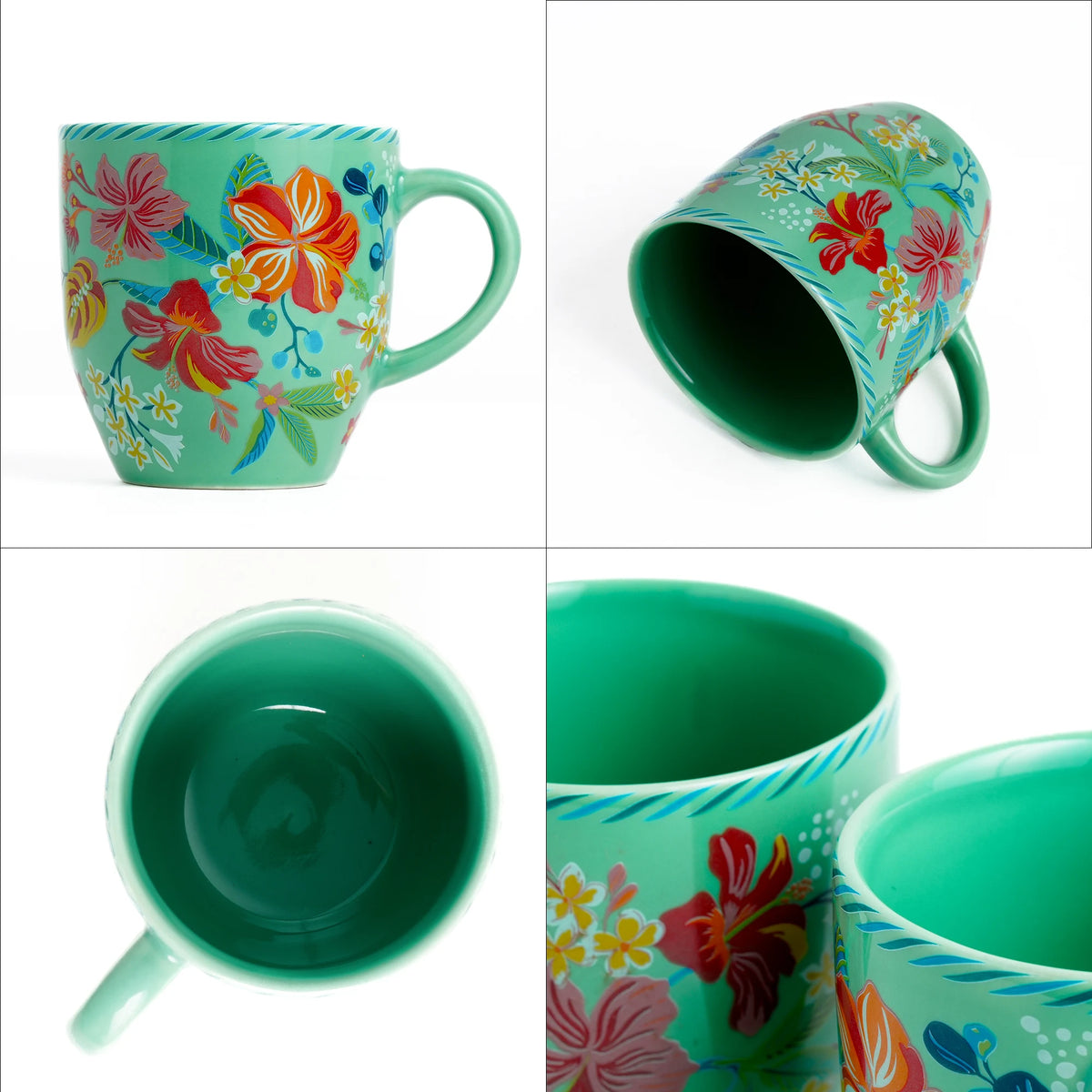 Colorful floral mug with multiple views on a white background