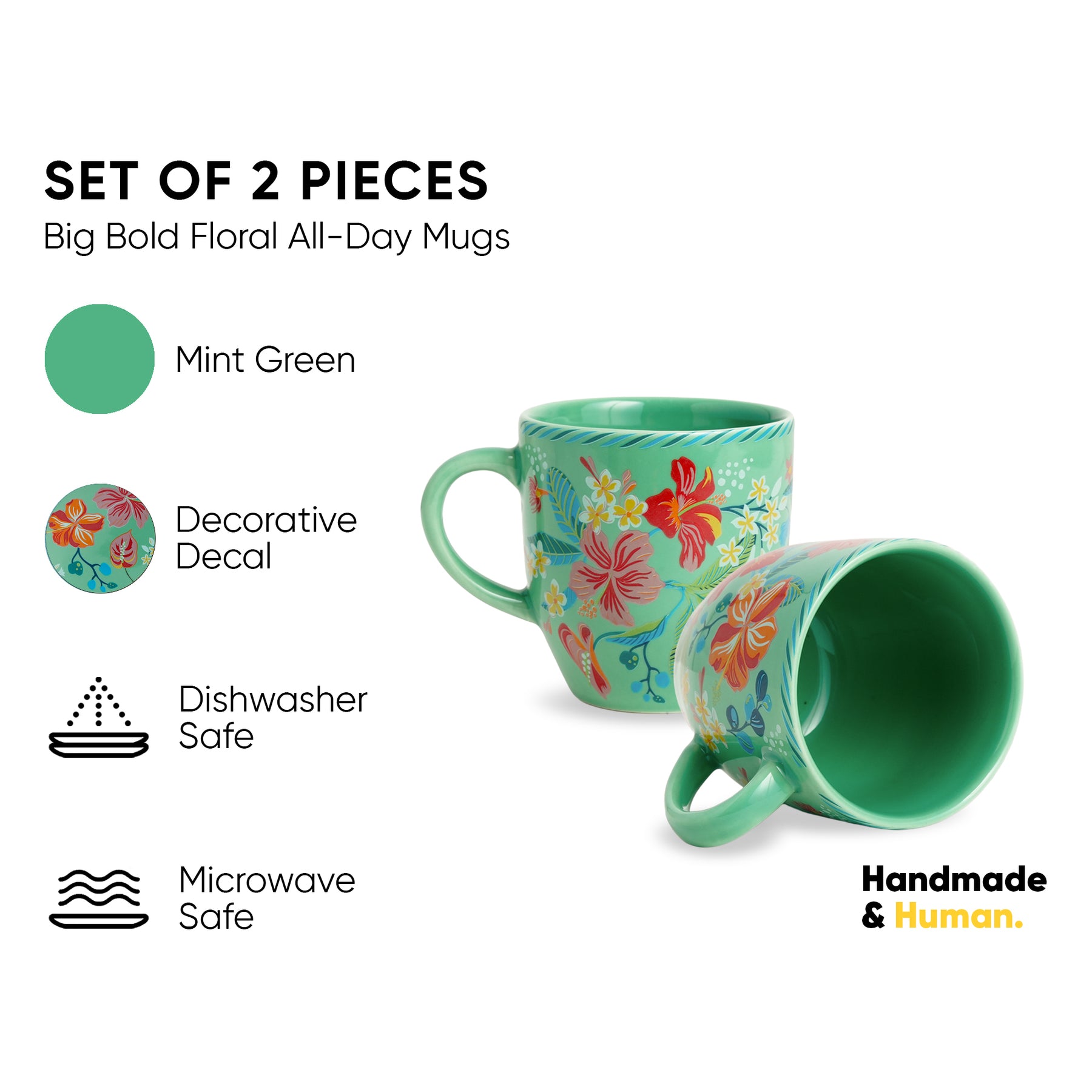 Ceramic Coffee Mugs Set of 2 Big Bold Floral Mint, 300ml
