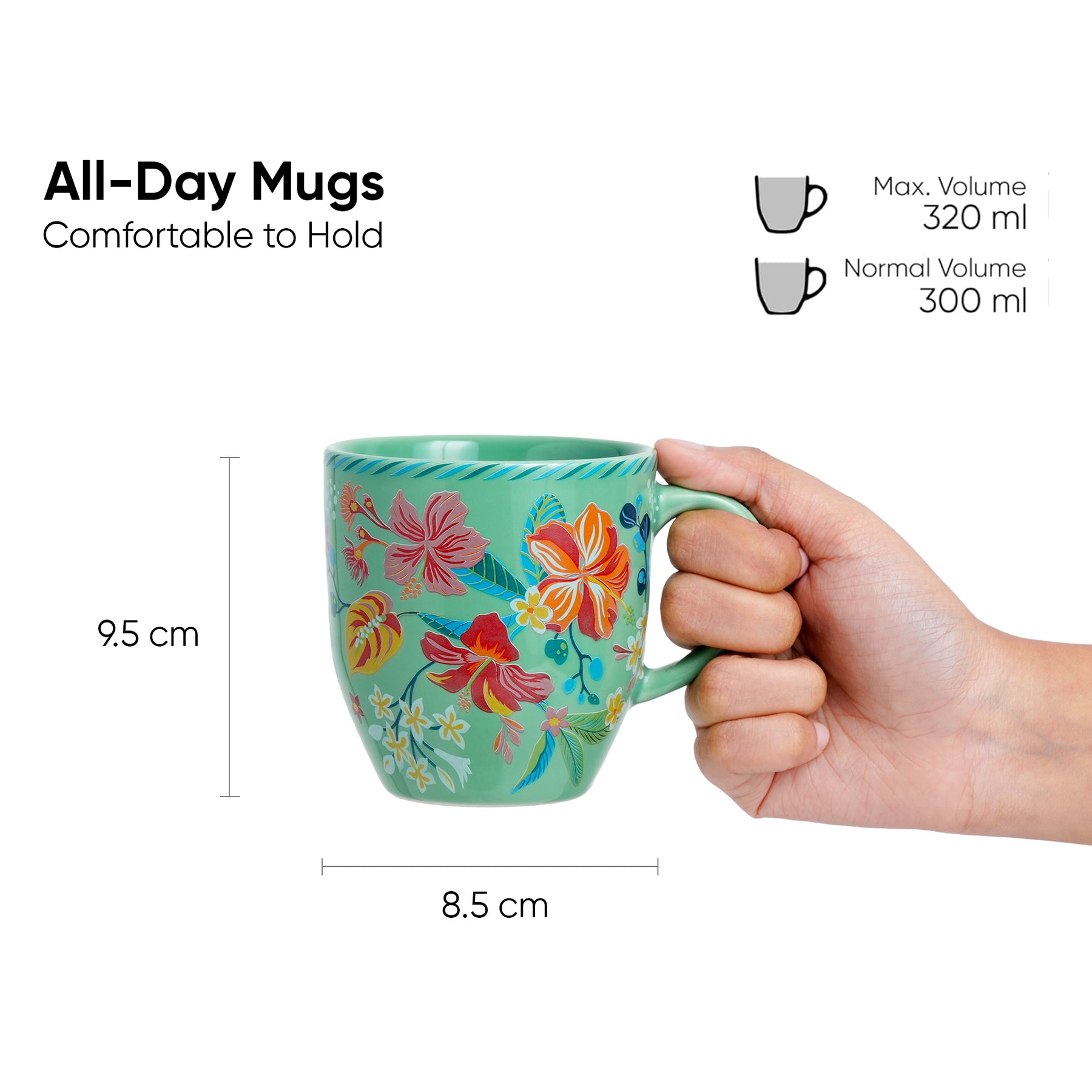 Ceramic Coffee Mugs Set of 2 Big Bold Floral Mint, 300ml