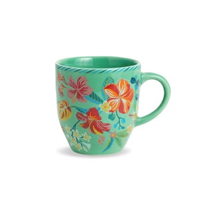 Turquoise mug with colorful floral design on a white background