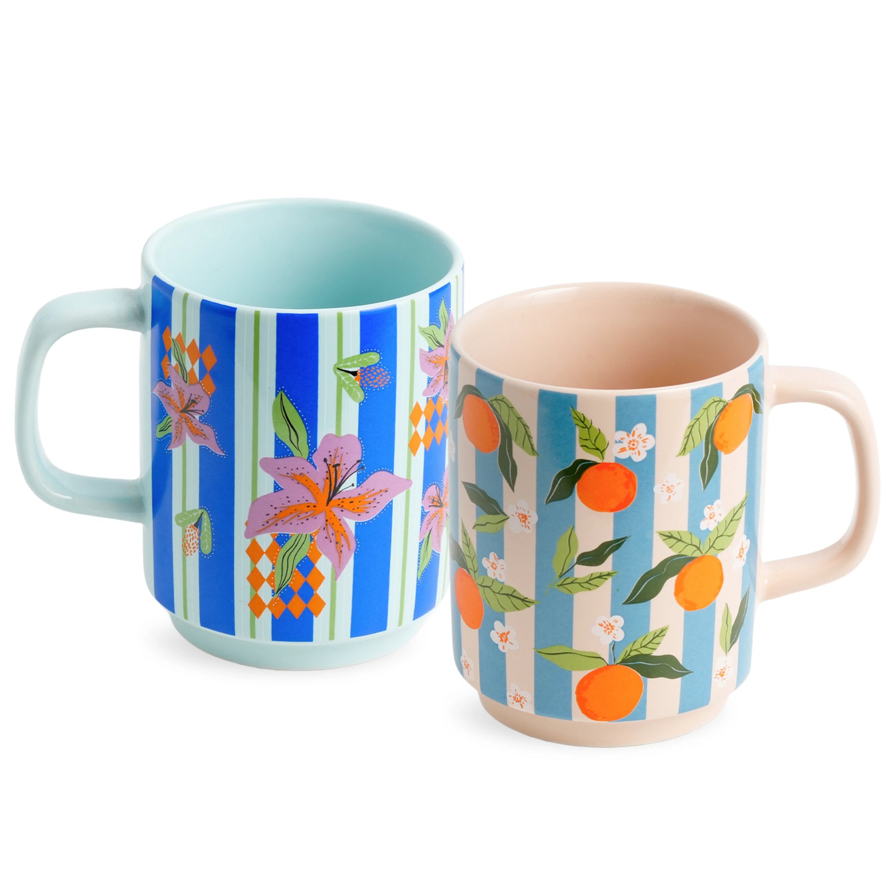 Two mugs with floral and fruit patterns on a white background