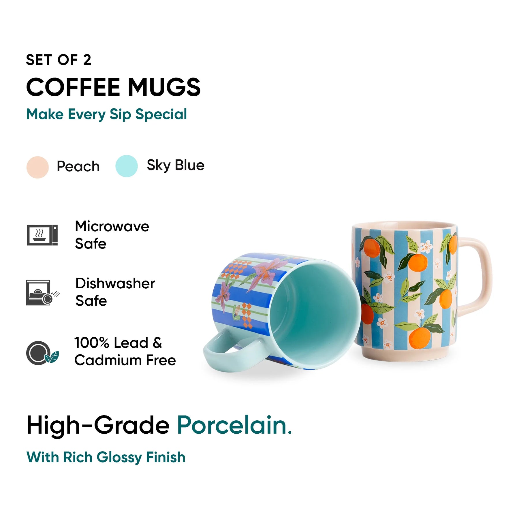 Set of two coffee mugs with colorful designs on a white background, featuring text about material and safety.
