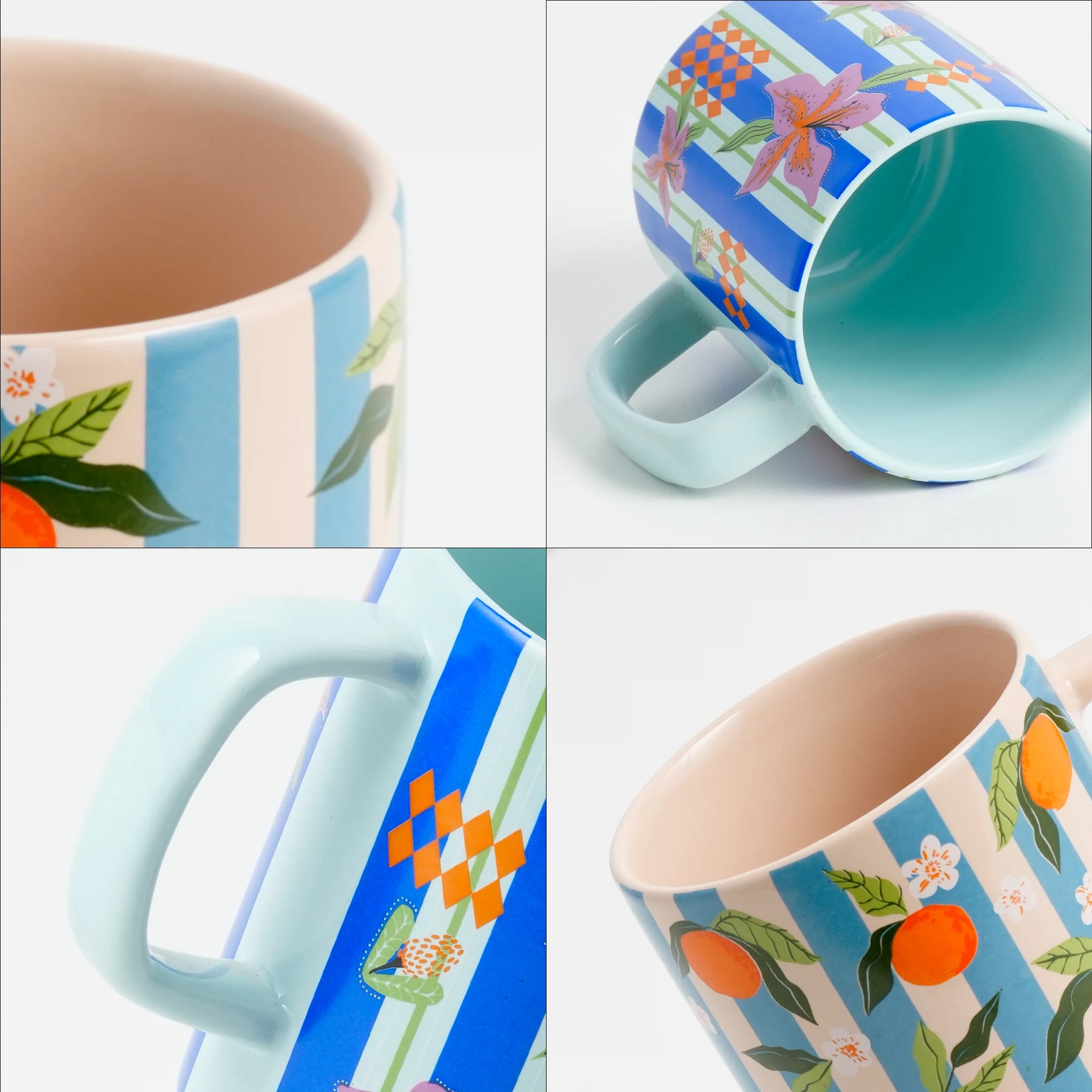 Set of four mugs with different patterns on a white background
