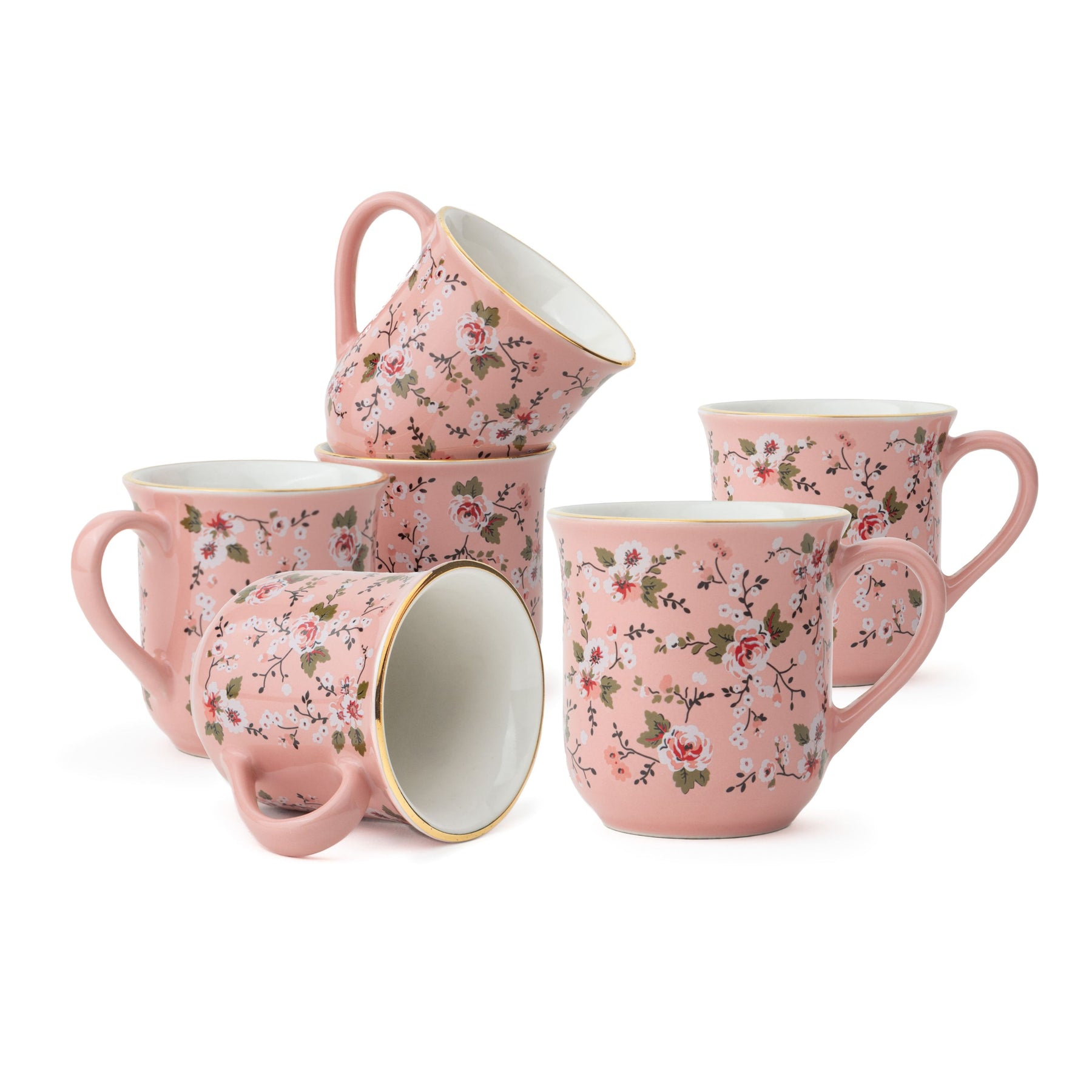 Ceramic Floral Tea Cup Set of 6, 180ml Pink