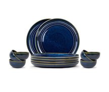 Ceramic Dinner Plates Set, 12 Pieces | Self Reactive Collection | Glossy Finish Navy