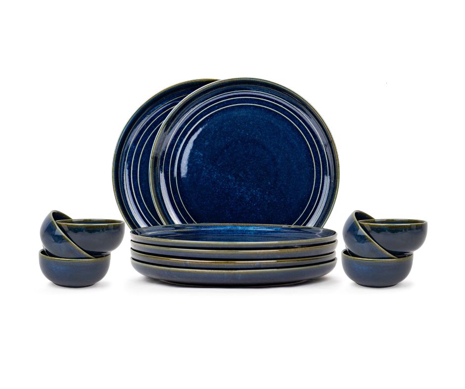 Ceramic Dinner Plates Set, 12 Pieces | Self Reactive Collection | Glossy Finish Navy