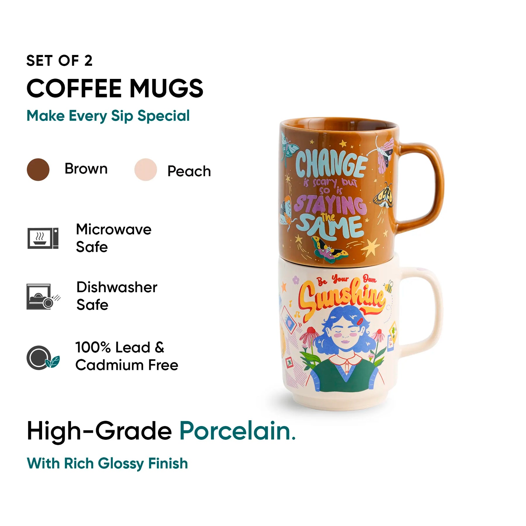 Ceramic Mug Set of 2 – Sunshine & Change Is Scary | 300ml | Glossy Finish | Porcelain