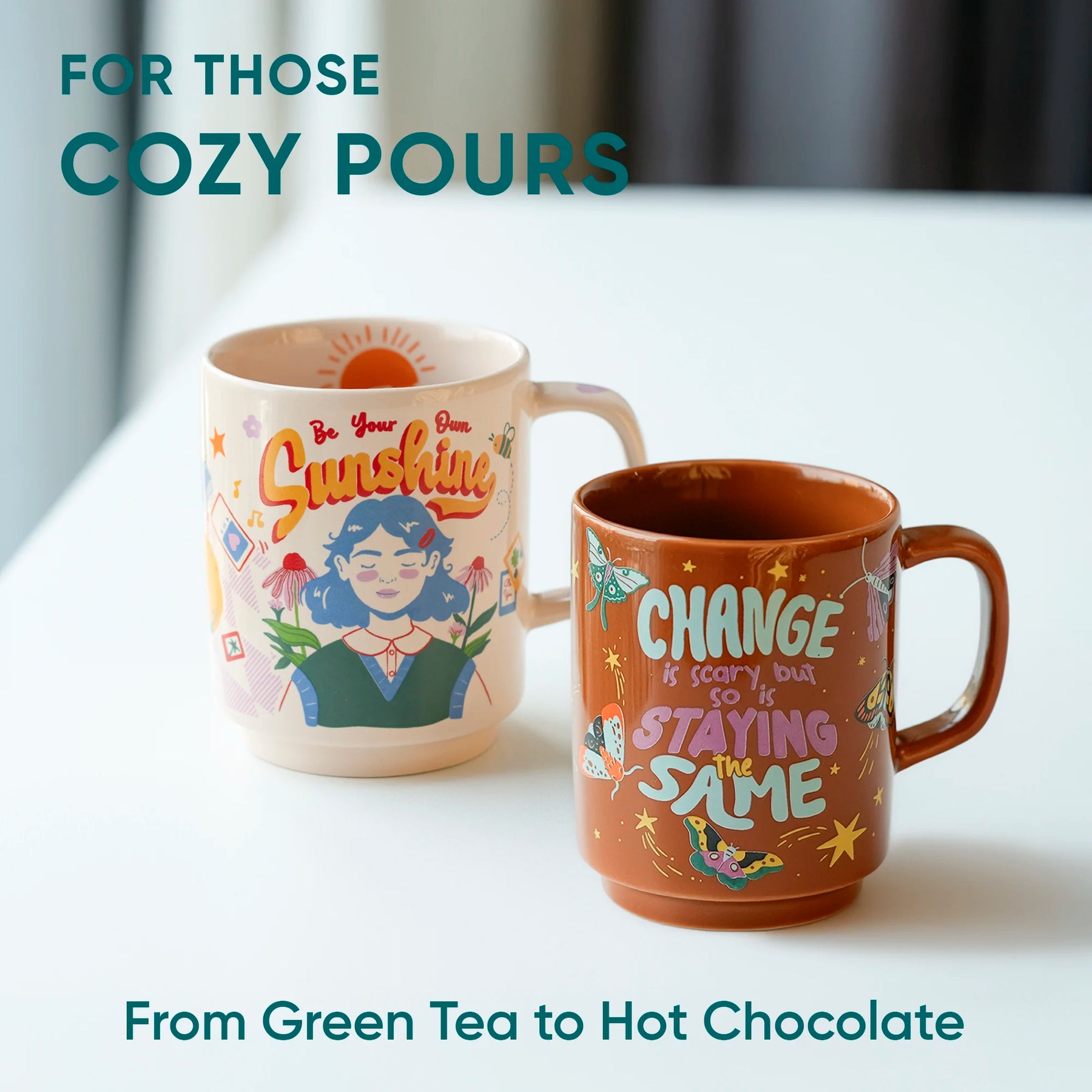 Ceramic Mug Set of 2 – Sunshine & Change Is Scary | 300ml | Glossy Finish | Porcelain