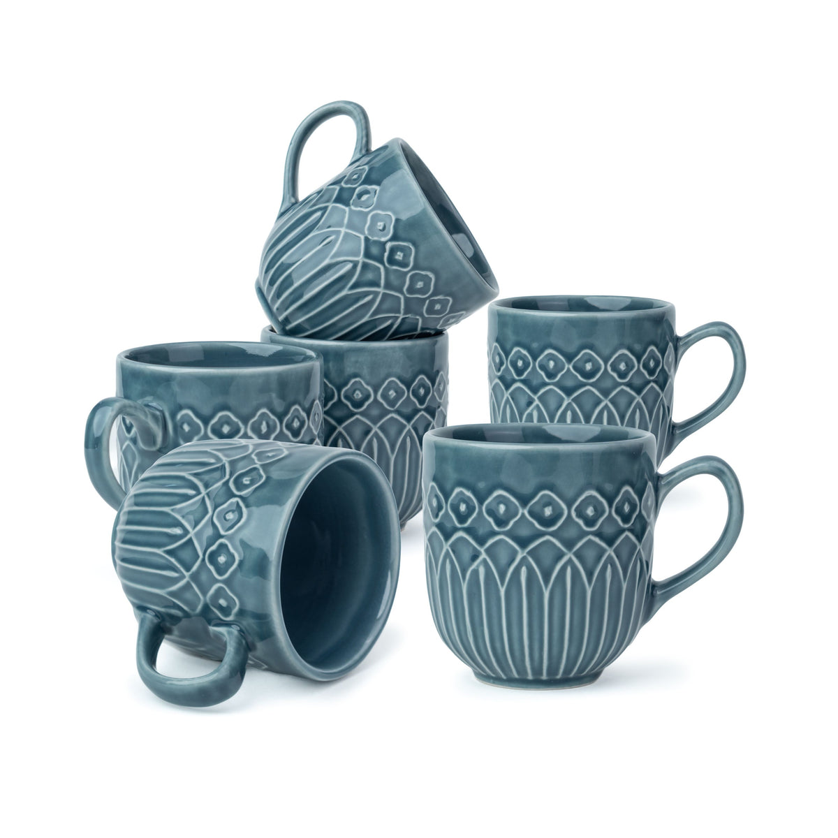 Shay Ceramic Coffee Mug Set, Set of 6, 330ml, Blue Grey Carving | Medium Mug | Modern Tableware Online India