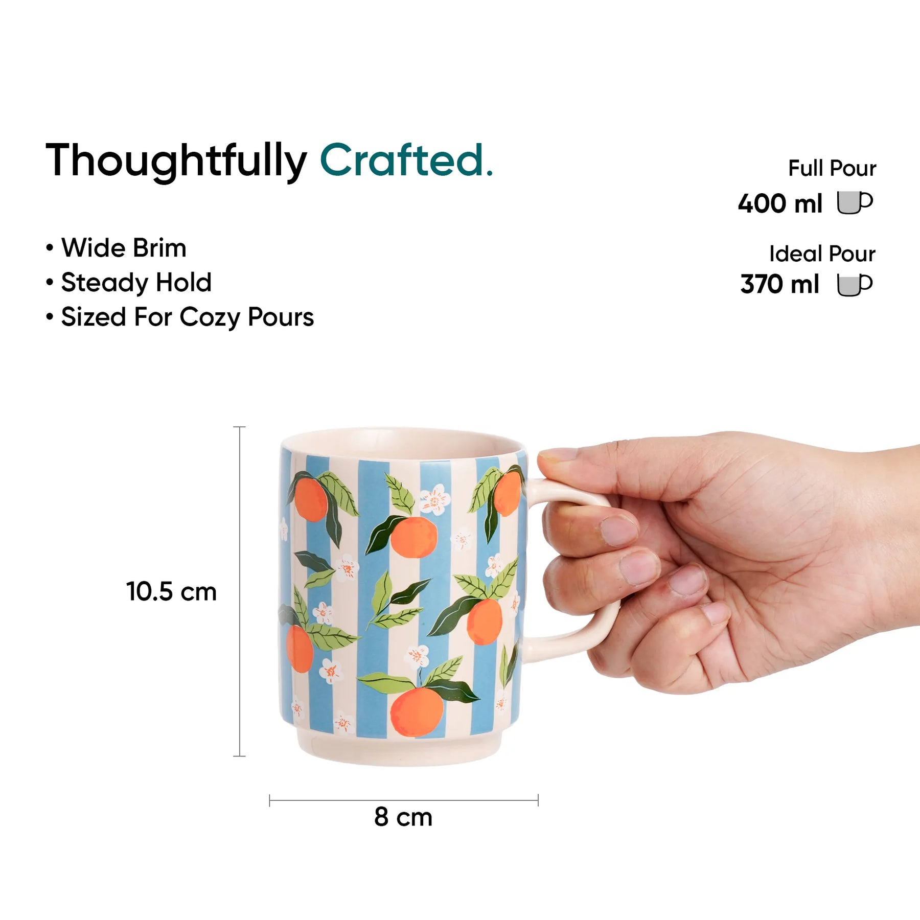 Mug with orange design held by a hand, surrounded by text and measurements on a white background.